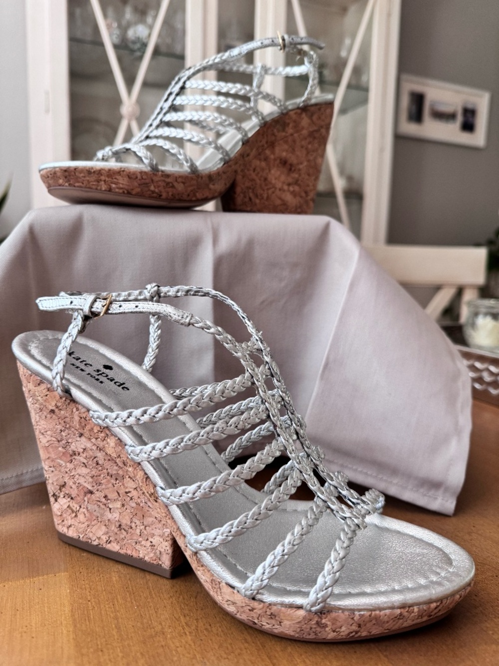 Kate Spade Silver Braided Cage Style Wedge Heel Sandal